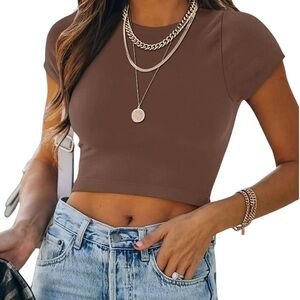 Reoria Chocolate Brown Women's Body-con Crop Top Crew Neckline Small Minimalist